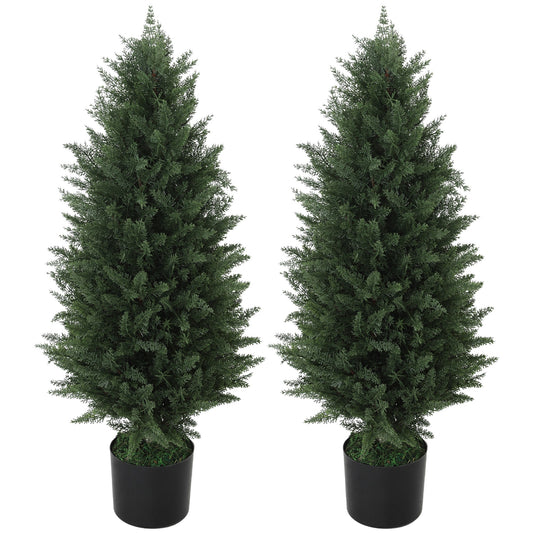 HOMCOM 2er-Set Künstliche Zypressen, Kunstbäume mit 831 Blättern, mit Zementtopf, UV-beständig, Kunstpflanze, 90 cm, Grün