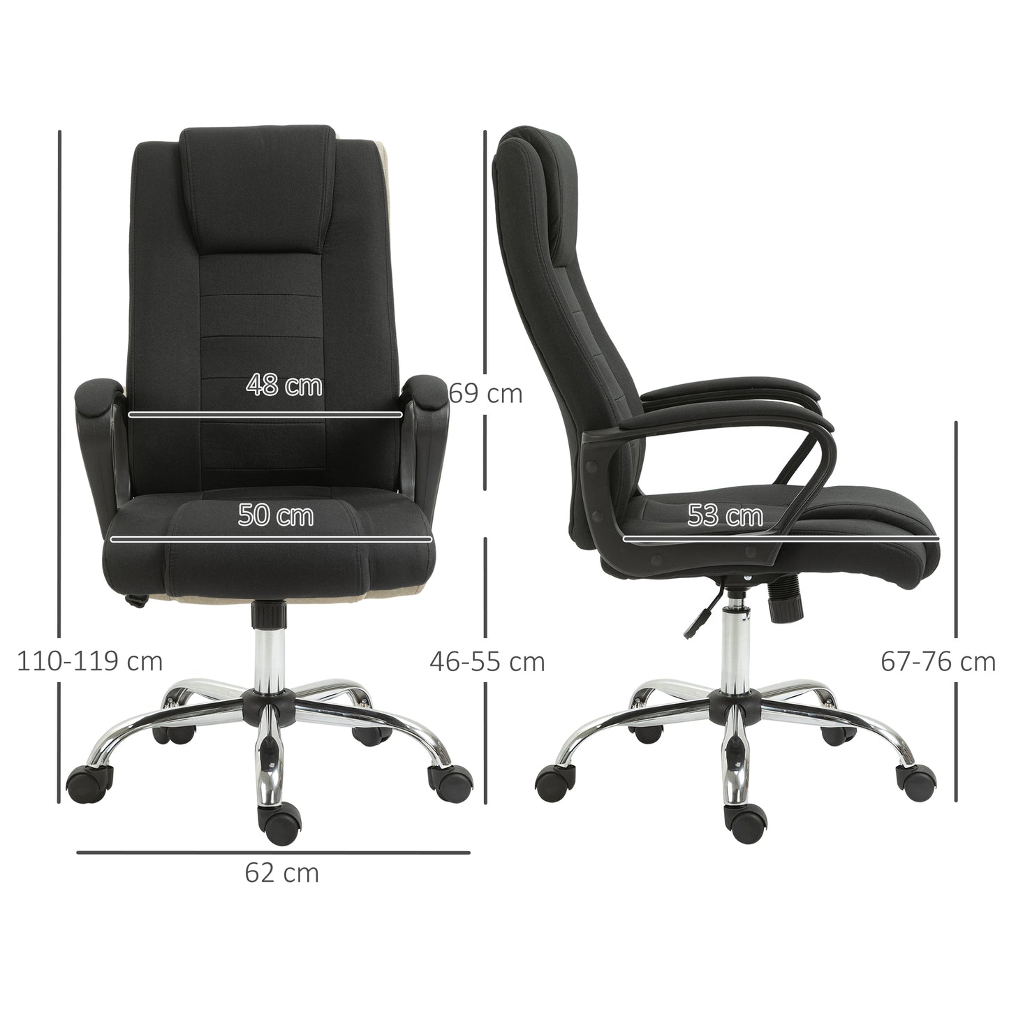 Vinsetto Bürostuhl Computerstuhl mit Wippenfunktion Kopfstütze ergonomischer Schreibtischstuhl drehbar höhenverstellbar Leinen-Touch Schwarz 62 x 76 x 110-119 cm