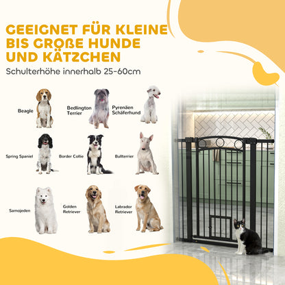 PawHut 106 cm hohes Haustiergitter mit anpassbarer Breite, integrierte Katzentür, für Treppen und Türrahmen, Schwarz