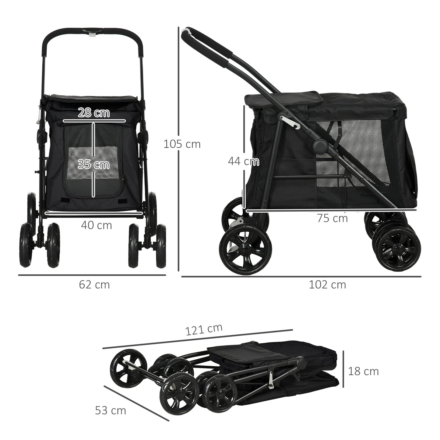 PawHut Hundetrolley inkl. Kissen, 3 Seitentaschen, klappbar, Hundewagen, 102 cm x 62 cm x 105 cm, Schwarz