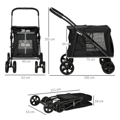 PawHut Hundetrolley inkl. Kissen, 3 Seitentaschen, klappbar, Hundewagen, 102 cm x 62 cm x 105 cm, Schwarz