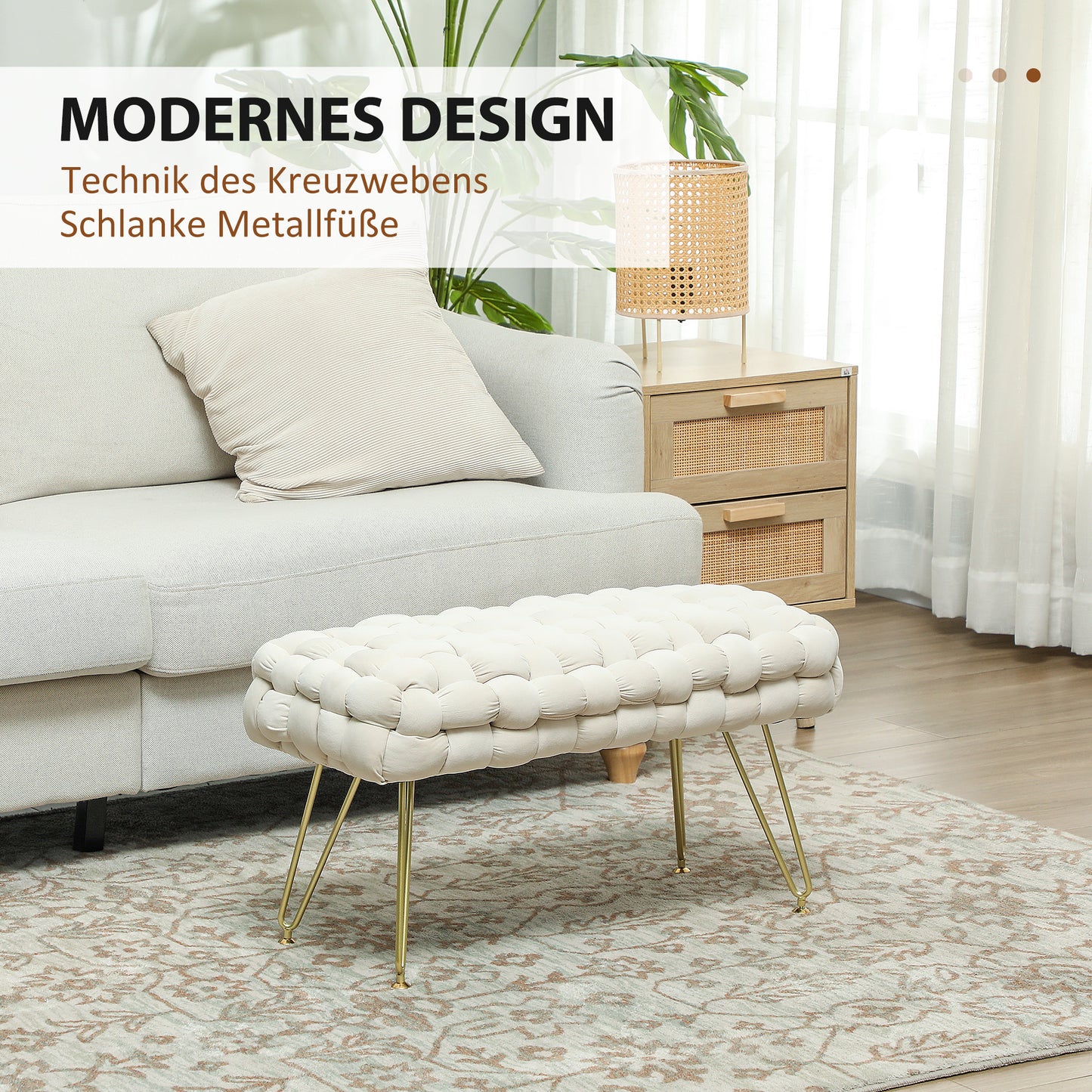 HOMCOM Moderner Sitzhocker mit Metallbeinen, gepolstertem Sitz, für Wohnzimmer, Schlafzimmer, Flur, Cremeweiß