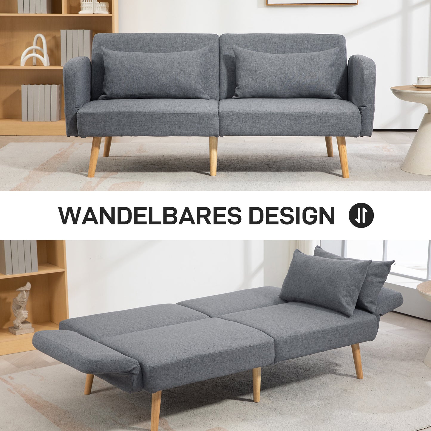 HOMCOM 3-Sitzer Schlafsofa, Gäste-Doppelbett, bis 240 kg, Klapplehnen, Holzrahmen, 170 x 83 x 80 cm, Grau