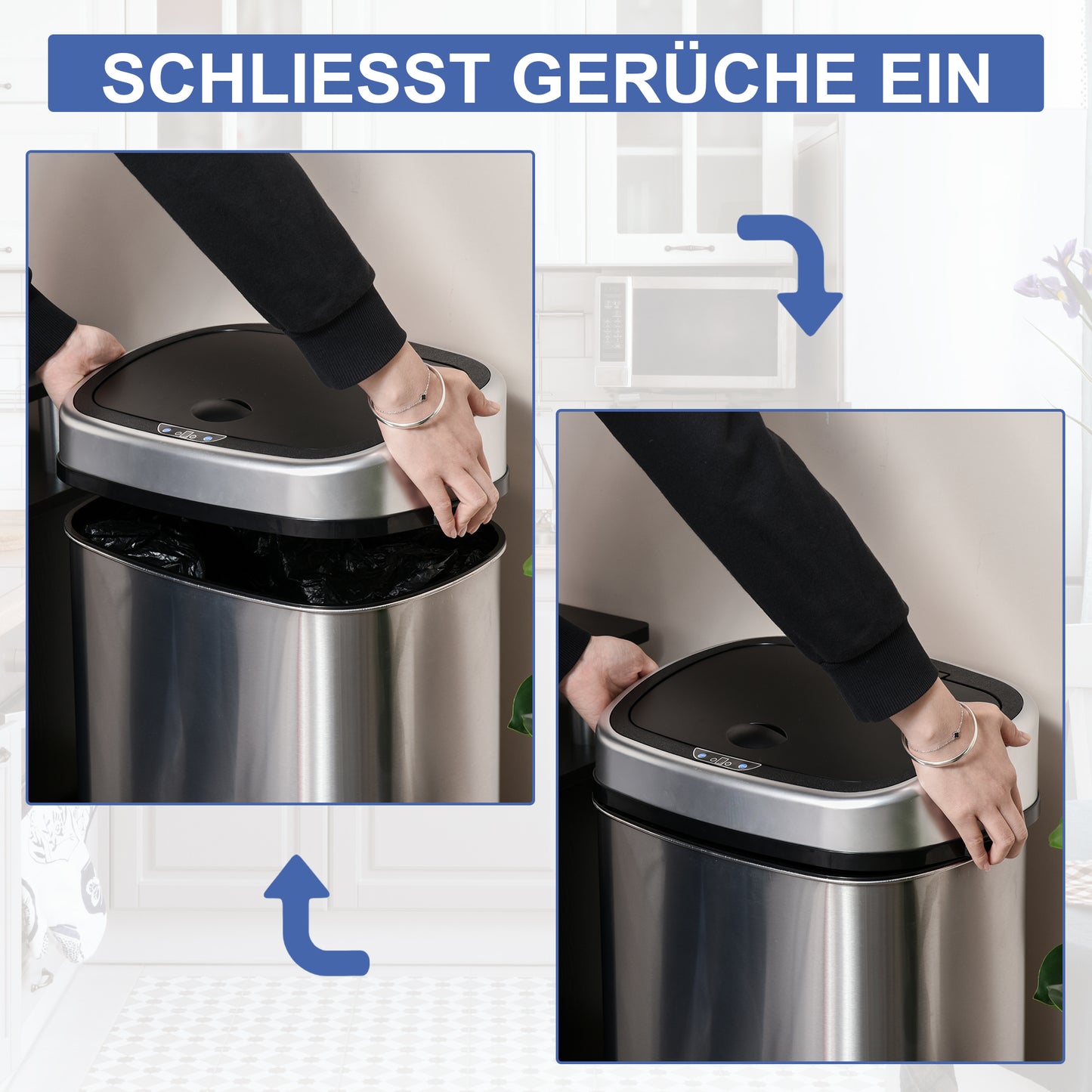 HOMCOM Mülleimer mit Sensor 58L Automatik Abfalleimer mit Bewegungssensor, Wasserdichter Abfallbehälter aus Edelstahl für Küche, Büro, Schlafzimmer Silber