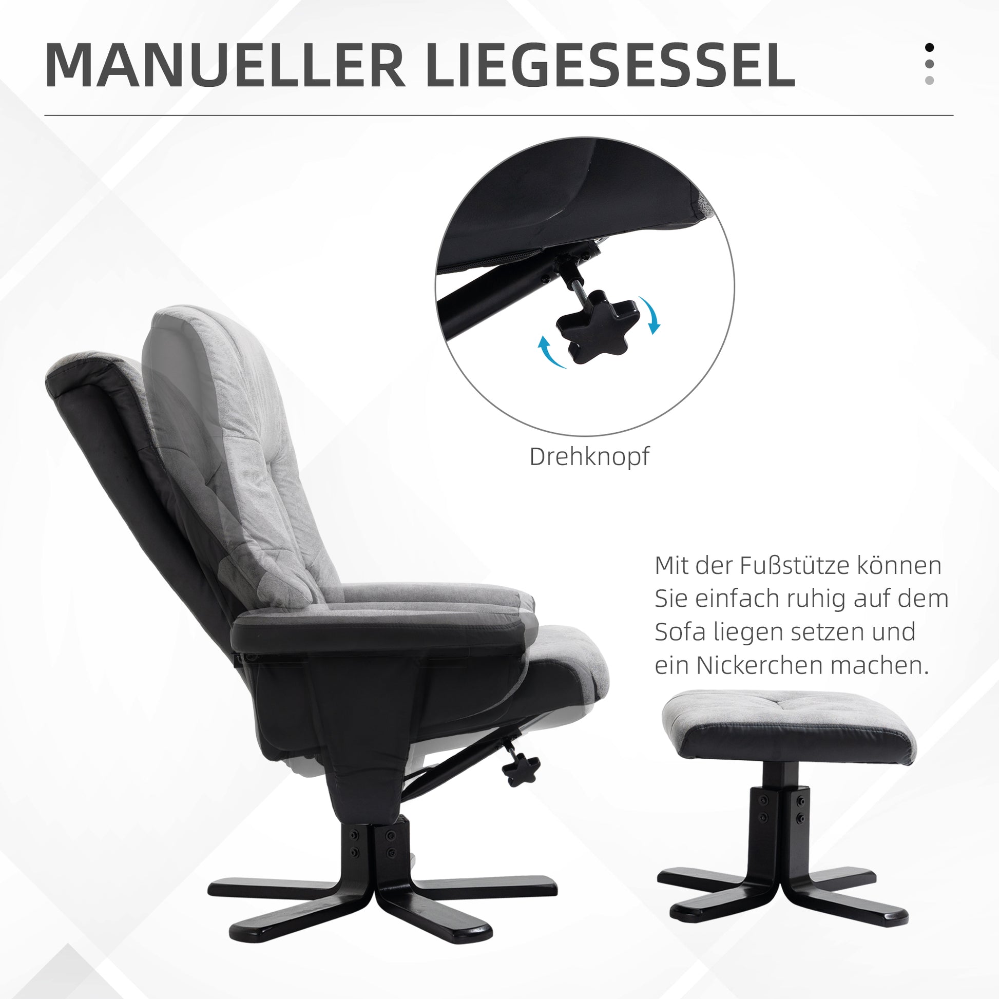 HOMCOM Relaxsessel mit Hocker, 360° drehbar, 135° neigbar, atmungsaktiver Bezug, 78 x 82,5 x 109 cm, grau