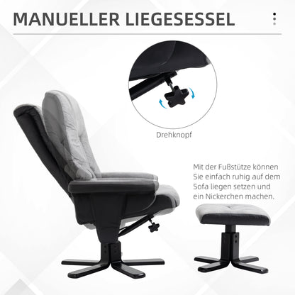 HOMCOM Relaxsessel mit Hocker, 360° drehbar, 135° neigbar, atmungsaktiver Bezug, 78 x 82,5 x 109 cm, grau