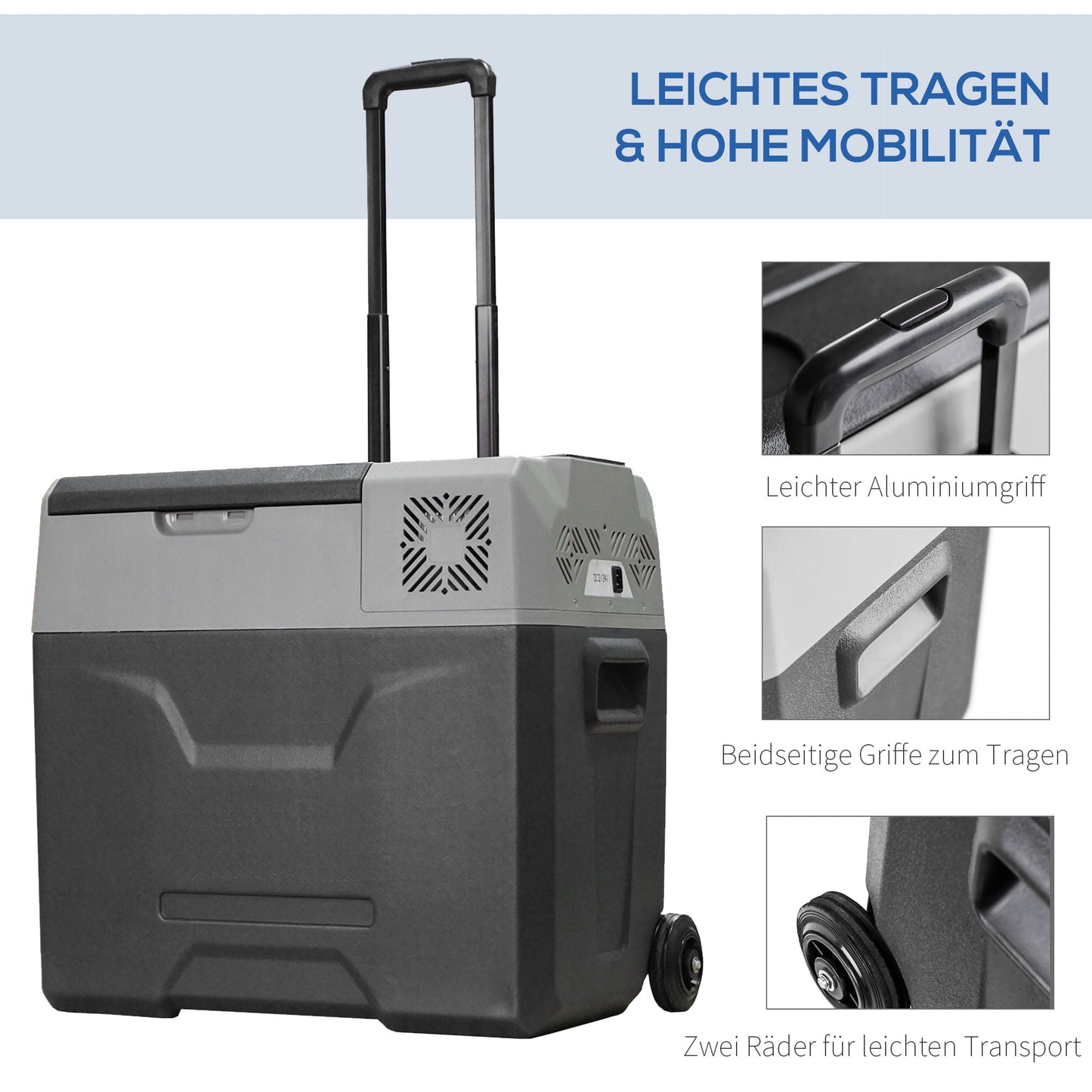 HOMCOM Autokühlschrank, Kühlbox, 50L, bis -20° C, Touch-Display, 2 Räder, Teleskopgriff, 58,6 x 37,8 x 54,5 cm, Grau