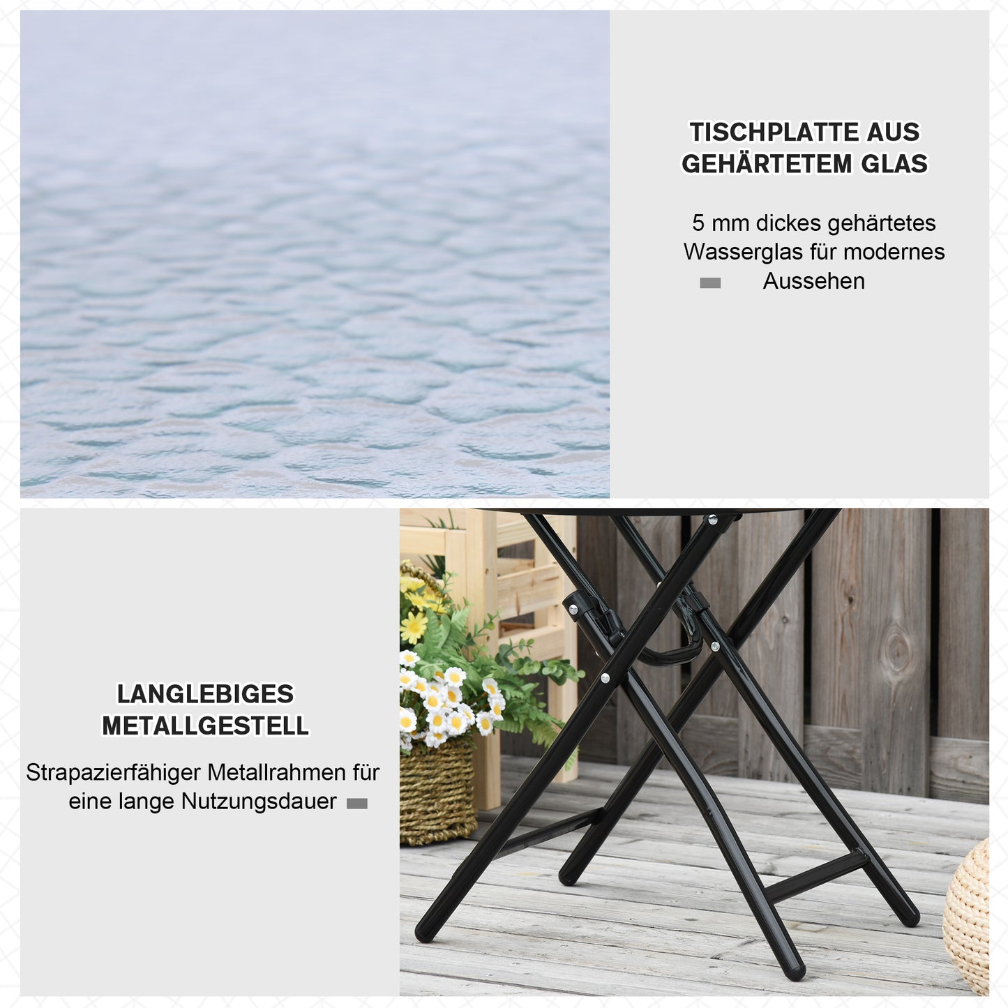 Outsunny Gartentisch Beistelltisch Bistrotisch mit Glasplatte rund klappbar Metall Ø45 schwarz