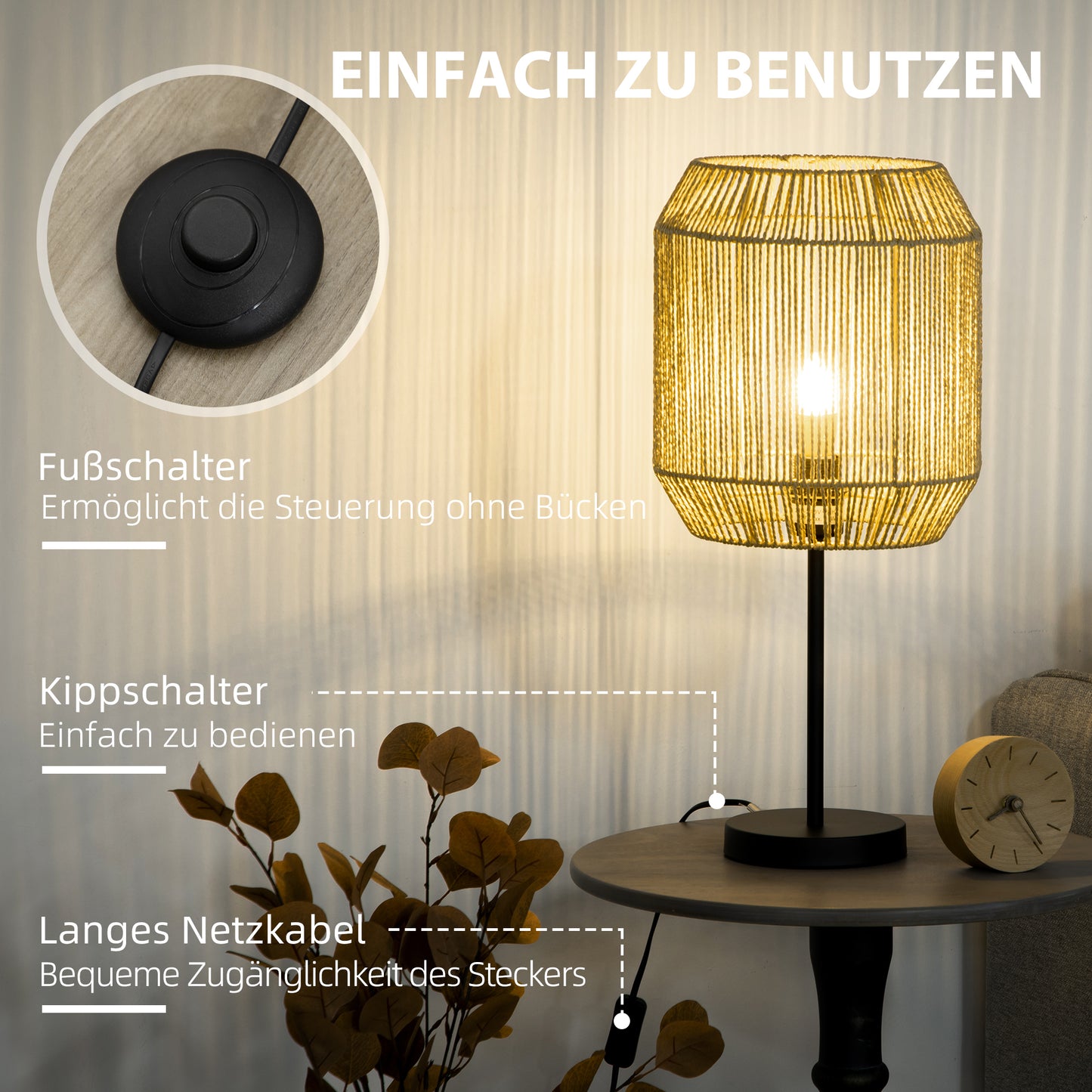 HOMCOM 2-teiliges Leuchten-Set. 1 Stehleuchte, 1 Tischleuchte, 38 cm x 38 cm x 158 cm, Natur + Schwarz