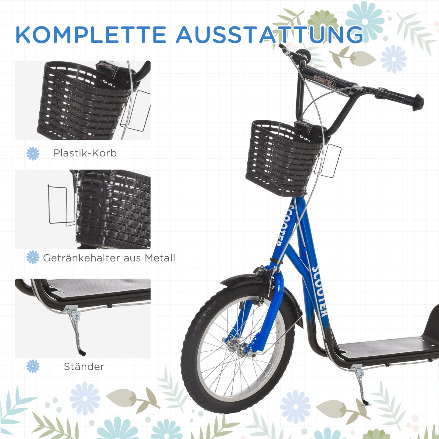 HOMCOM Kinderroller، سكوتر مع بريمسي، إنكل. Korb، höhenverstellbar، للأطفال من عمر 5 إلى 12 عامًا، أزرق+أسود