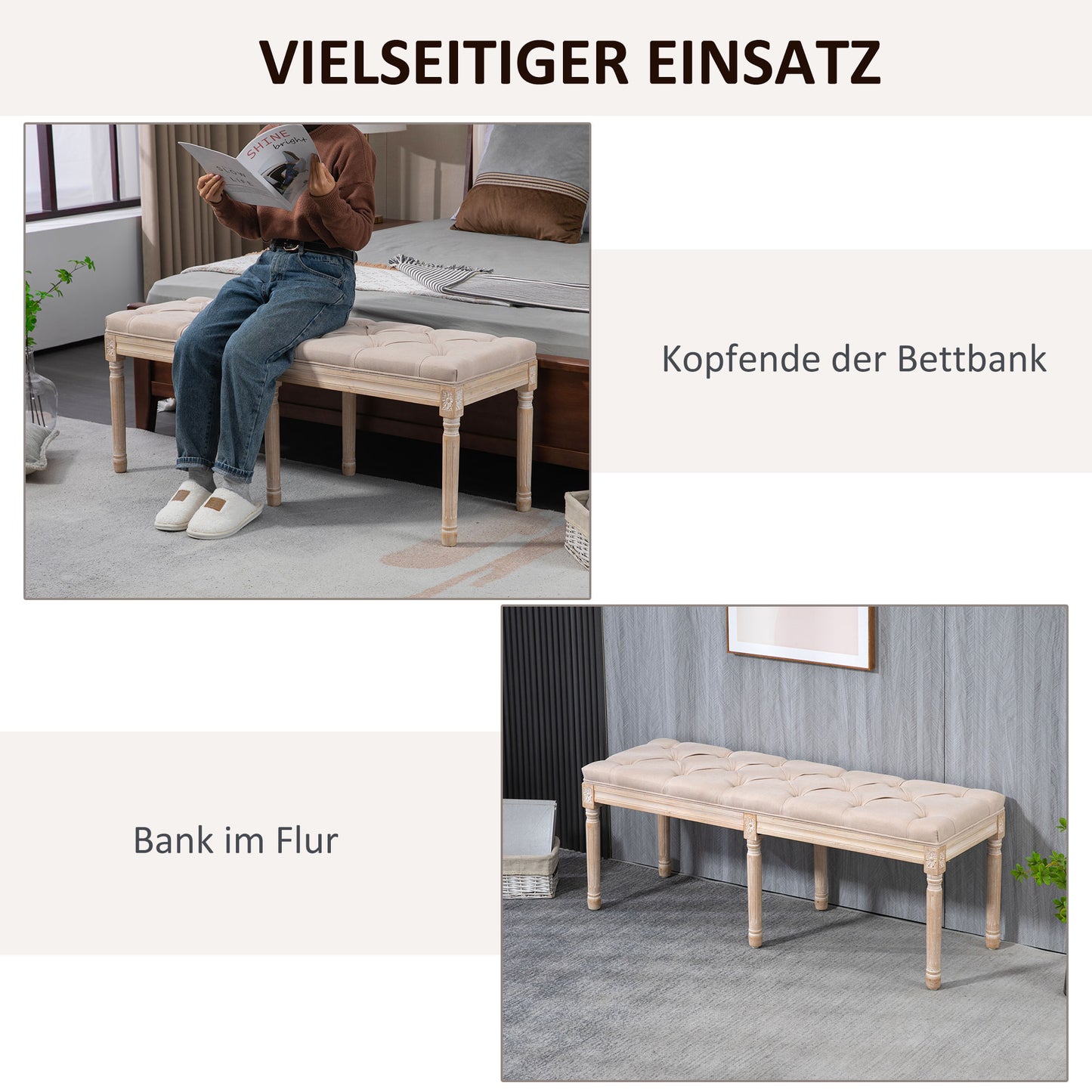 HOMCOM Sitzbank Vintagedesign Vintagebank, Knopfheftung, gedrechselte Beine, Shabby Chic, Creme + Weiß