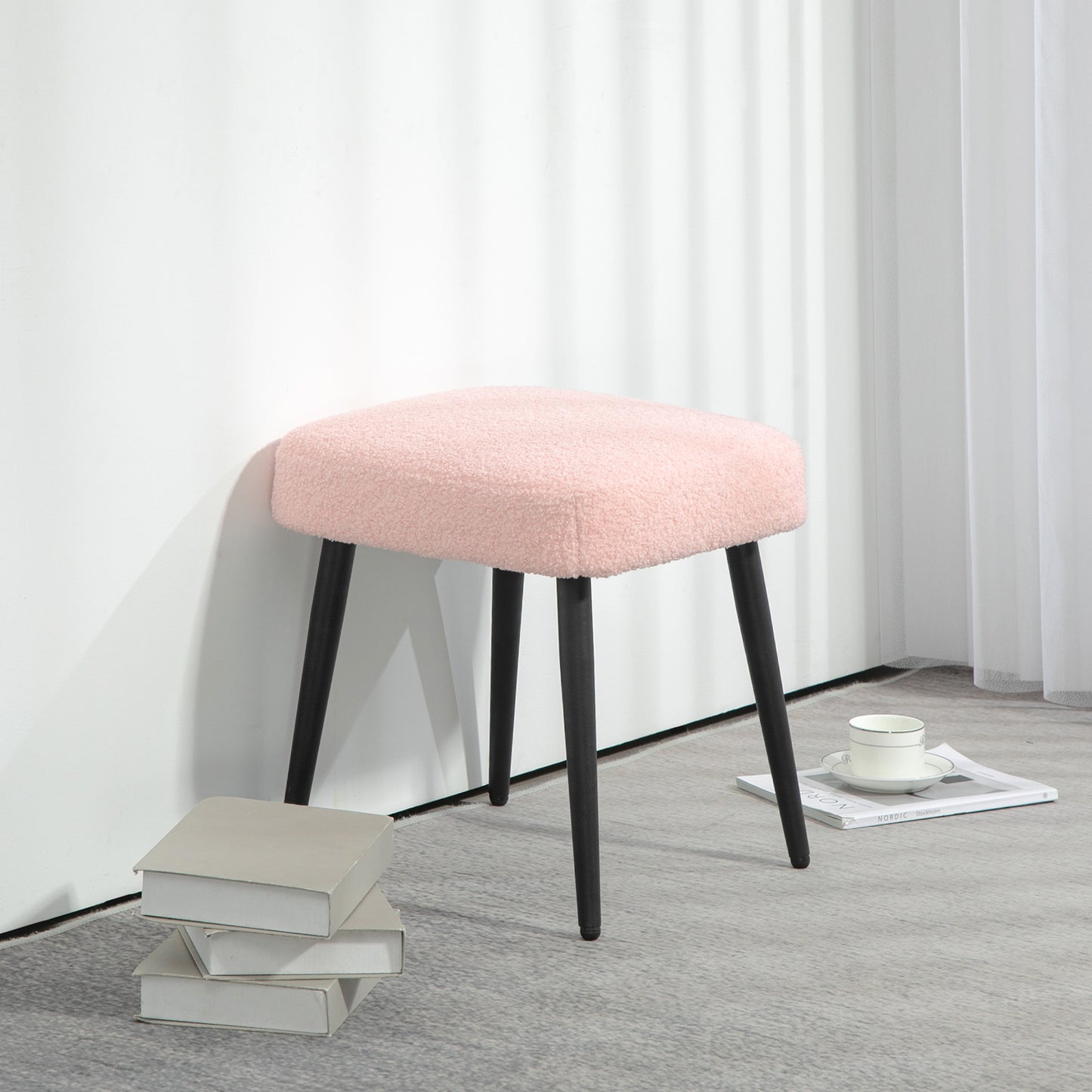 HOMCOM Hocker, Fußstütze, gepolsterter Sitz, Kaschmir-Optik, Stahlbeine, 42 x 42 x 44 cm, Rosa