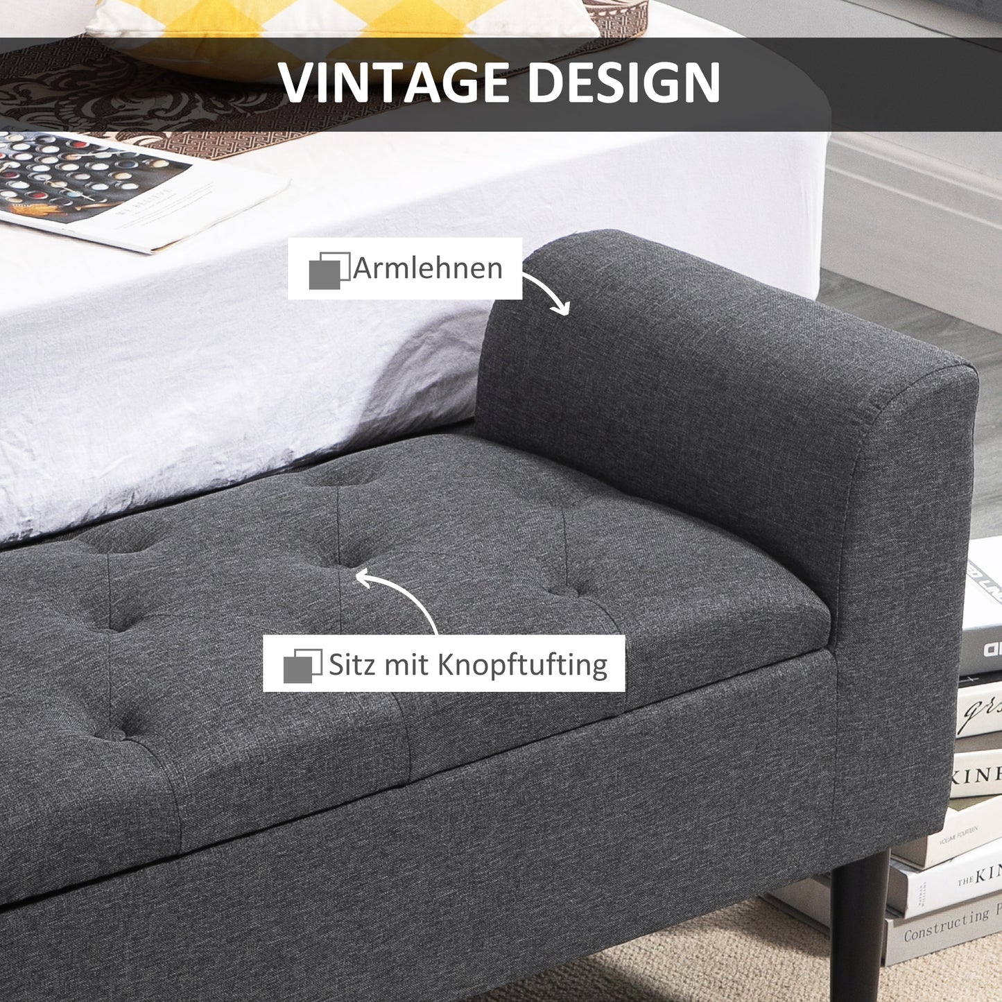 HOMCOM Sitzbank mit Stauraum، Polsterbank mit Leinenoptik، Holzbeine، Bettbank belastbar bis 130 كجم، für Wohnzimmer Schlafzimmer Flur، 116 × 44 × 58 سم Dunkelgrau