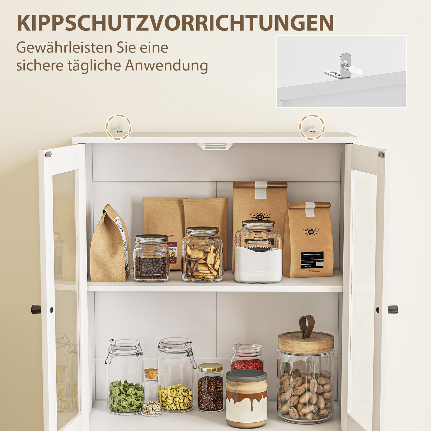 HOMCOM Küchenschrank mit Schubladen und Glastüren, Melamin-Oberfläche, Weiß