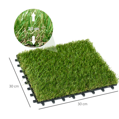 Outsunny Kunstrasen, naturgetreu, Drainagefunktion, 6,5 K Fasern/m², 25mm Höhe, 10-er Set je 30x30cm, Grün