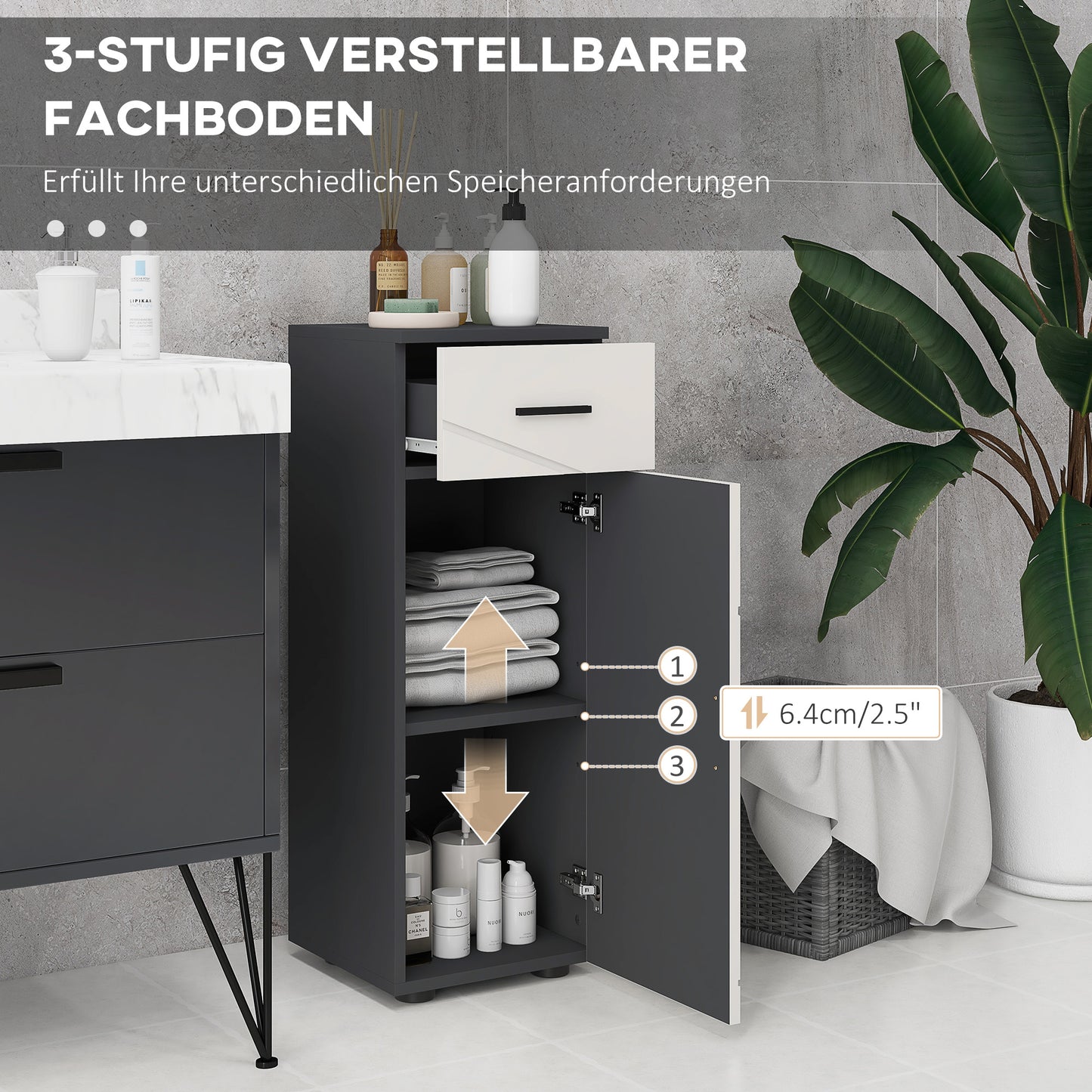 kleankin Badezimmerschrank, Badkommode, verstellbare Regale, bis zu 25 kg belastbar, Grau