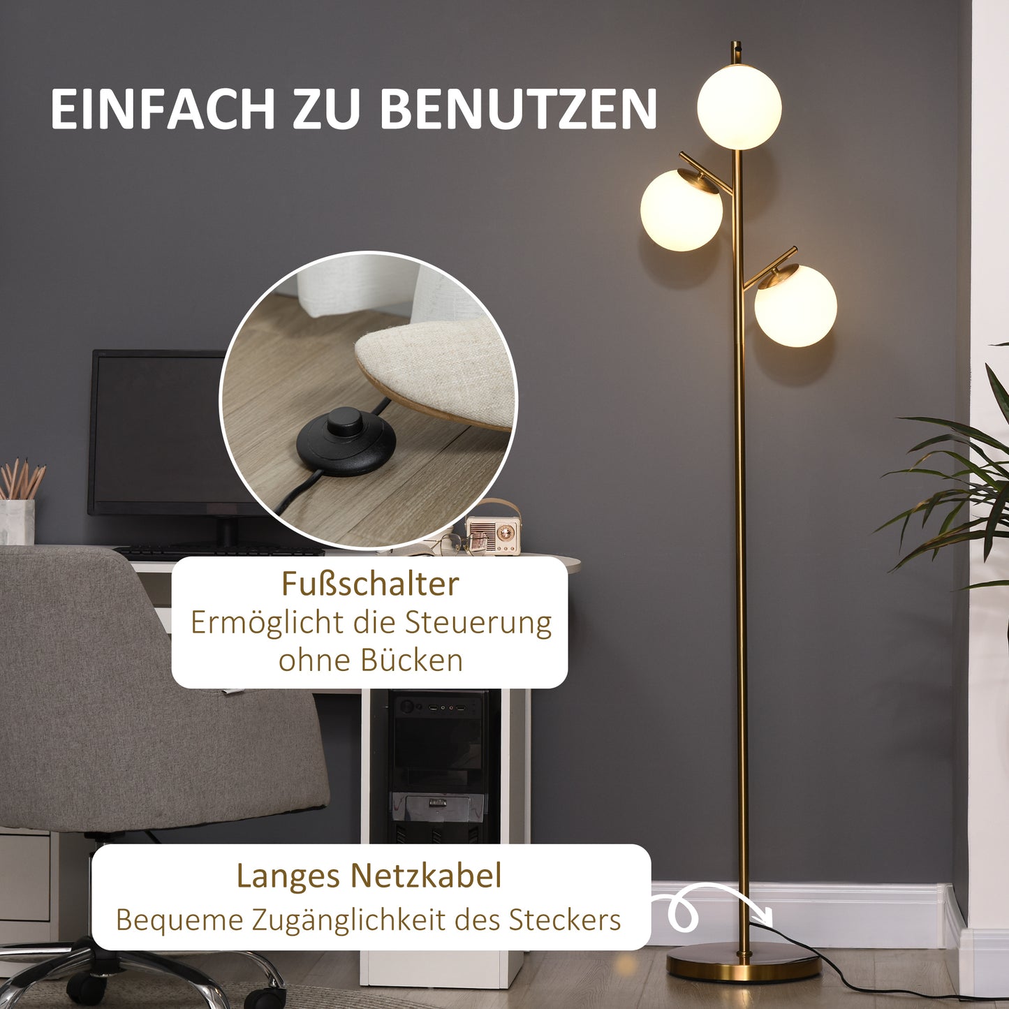 HOMCOM Stehleuchte im Retro-Design, Stehlampe, Stehlampe mit 3 Lampenschirmen, Glas, Gold