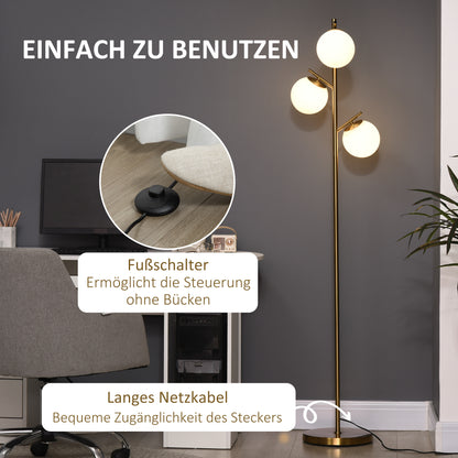 HOMCOM Stehleuchte im Retro-Design, Stehlampe, Stehlampe mit 3 Lampenschirmen, Glas, Gold