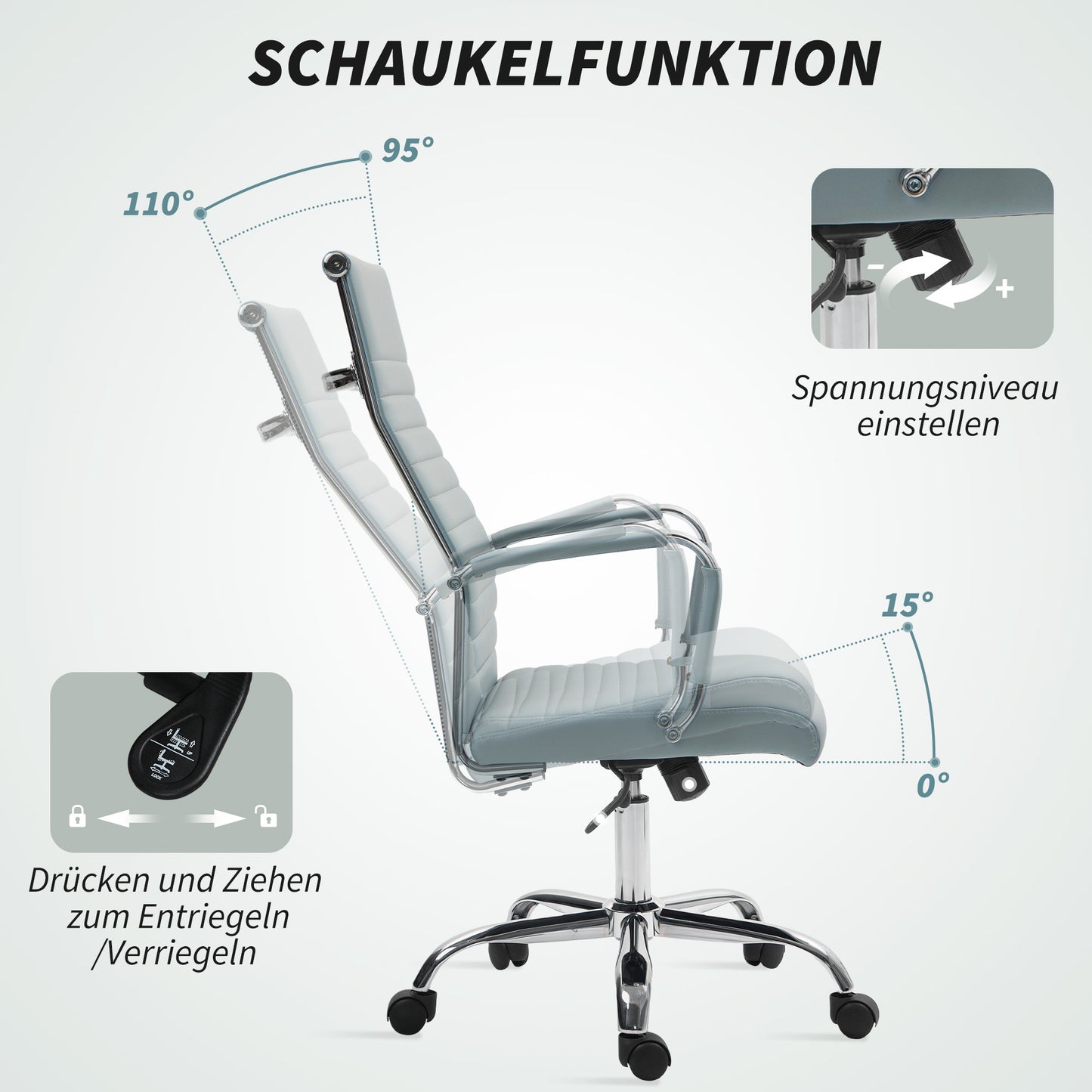 Vinsetto Bürostuhl, Drehstuhl mit Wippfunktion, höhenverstellbar, Kunstleder, bis 120 kg, Hellgrau