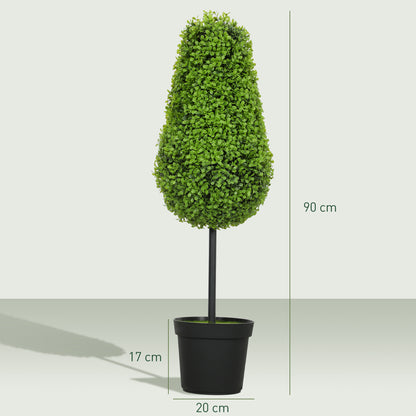 HOMCOM 2er Set Künstliche Buchsbaum 90cm Kunstpflanze in Tränenform, Plastik Künstliche Pflanzen im Topf Moderne Dekoration