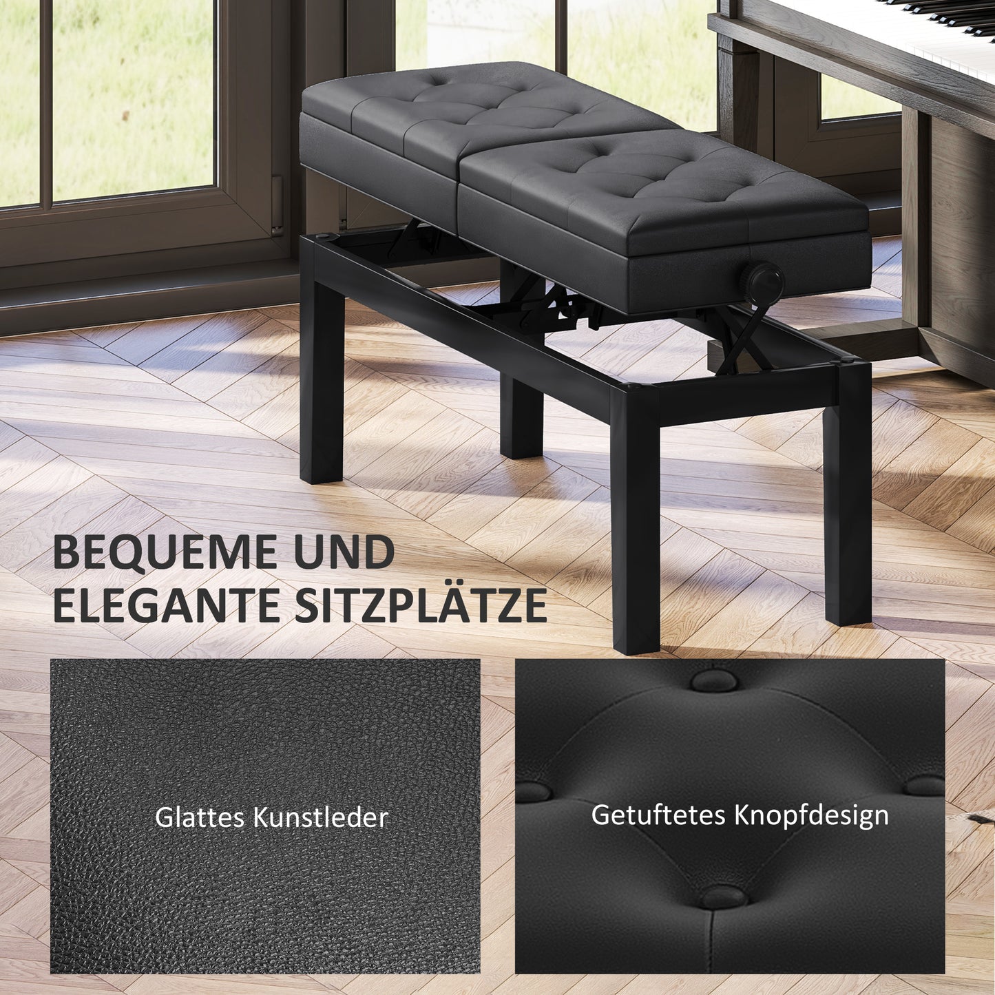 HOMCOM Klavierbank, Klavierhocker, Kunstleder, verstellbarer Doppelsitz, Stauraum, Schwarz
