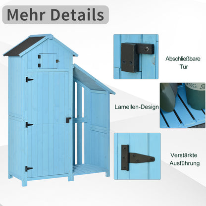 Outsunny Gartenhaus Gerätehaus Geräteschuppen mit Brennholzlagerraum Geräteschuppen mit 3 Ablagen Asphaltdach Tannenholz Himmelblau 130 x 54,5 x 180 cm