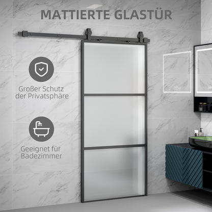HOMCOM Schiebetür mit Milchglas, Schienensystem, Montagesatz, Soft-Close-Mechanismus, leichter Zusammenbau, Stahl, Schwarz