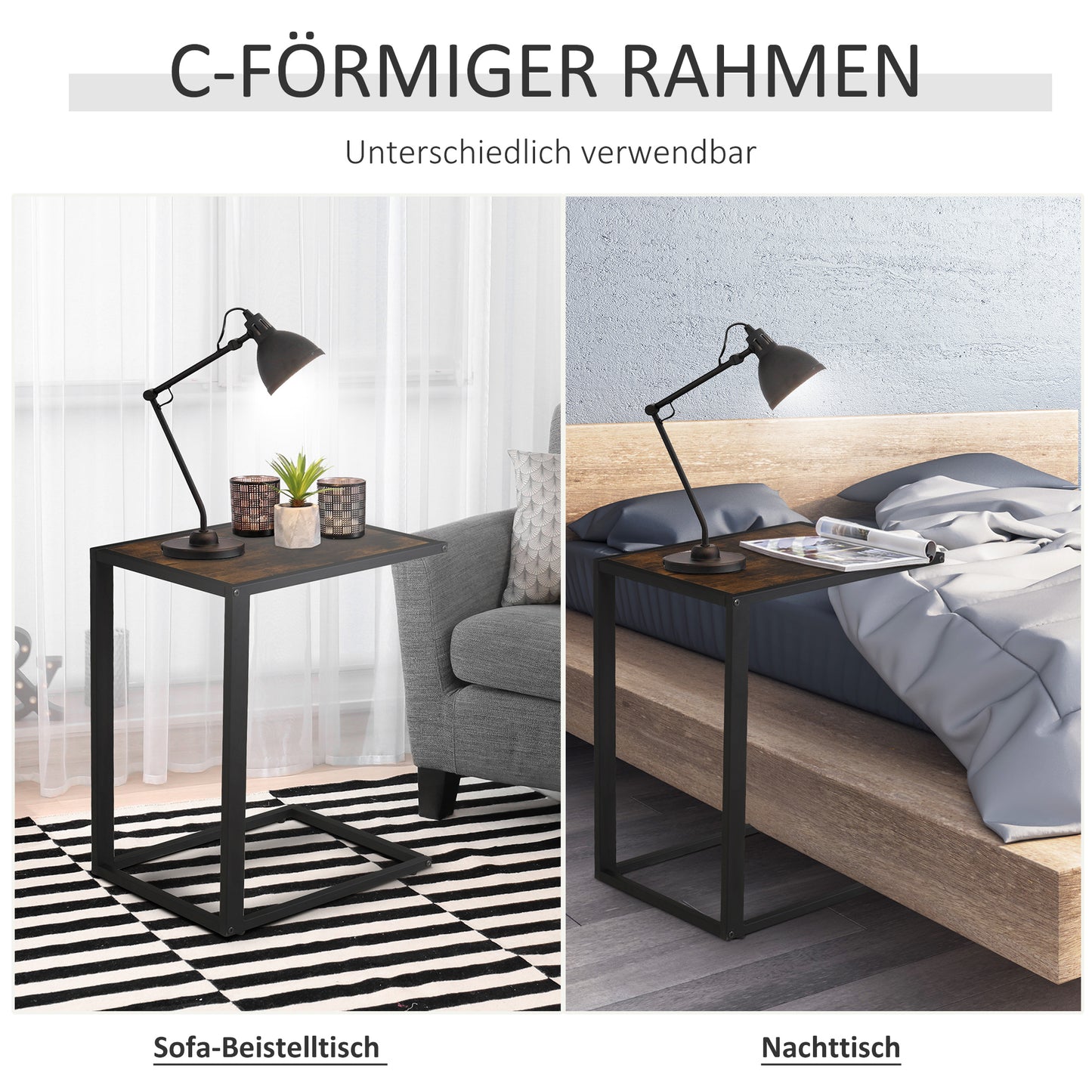 HOMCOM Beistelltisch in C-Form Kaffeetisch Couchtisch Laptoptisch für Schlafzimmer und Wohnzimmer kleiner Bereich mit Metallgestell Industrie-Stil Metall MDF Rustikal-Braun 40,6 x 50,8 X 64,2 cm