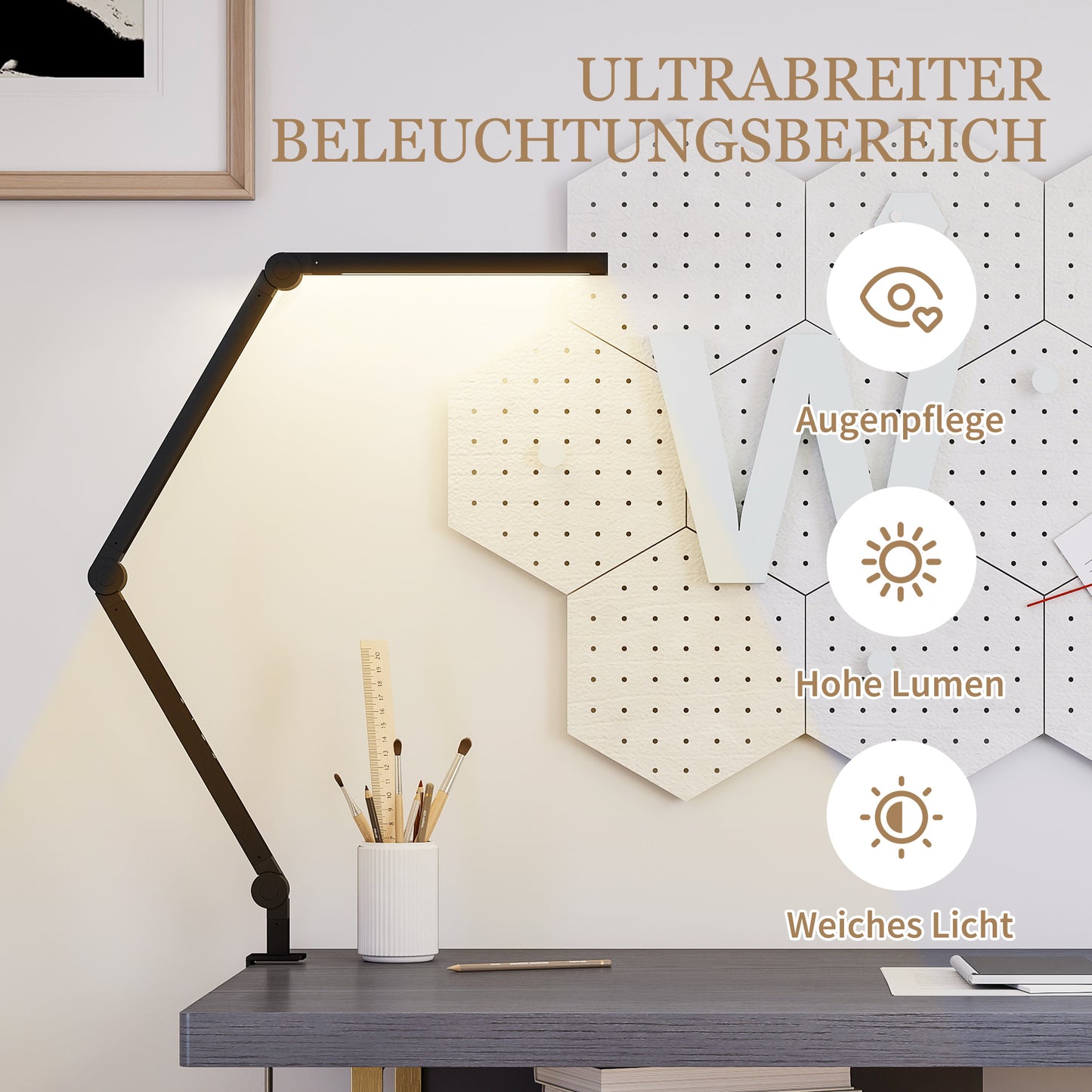 HOMCOM Schreibtischlampe, anpassbare Helligkeit und Farbe, Metallklemme, 96 LEDs, Schwarz