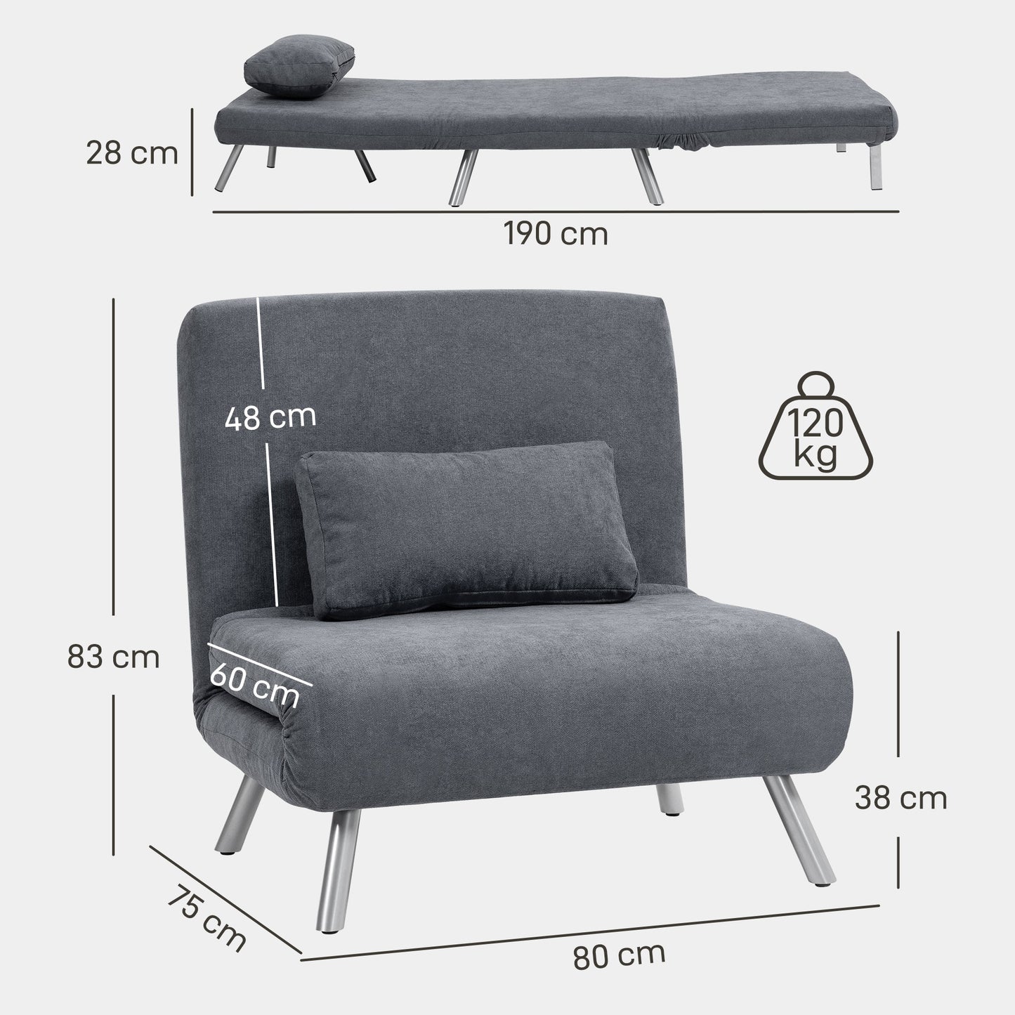 HOMCOM Polstersessel mit Bettfunktion، 3-in-1 Design، Schlafsessel، Gästebett، Stoffbezug، mit Kissen، Dunkelgrau