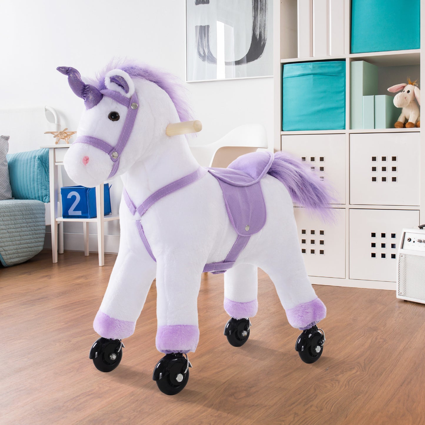 HOMCOM Reitpferd auf Rollen Spielpferd Reittier Wiehern Plüsch Lila 55 x 23 x 60 cm