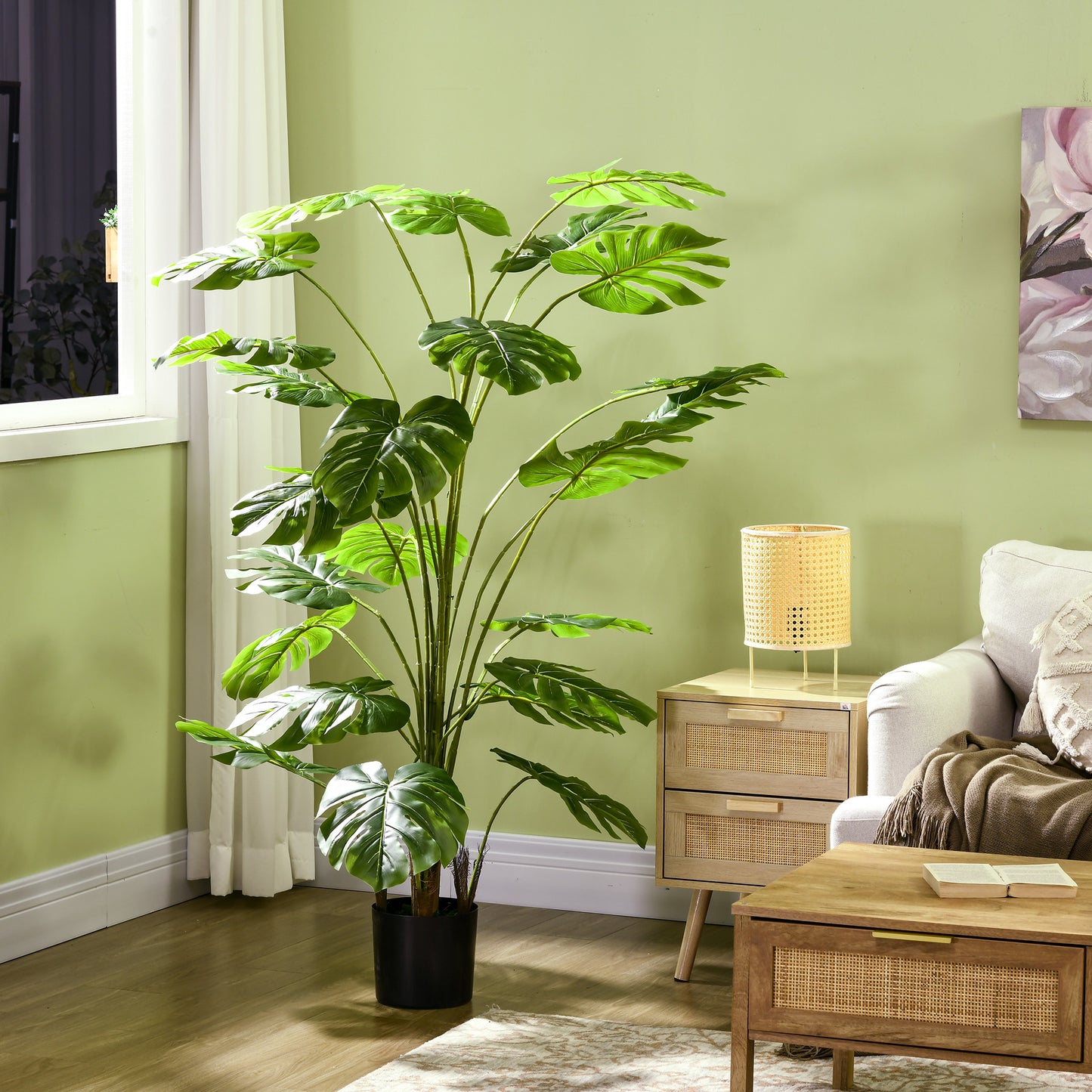 HOMCOM 180 cm Kunstpflanze, mit Übertopf, Kunstmoos, Zimmerpflanze für Wohnzimmer, realistischer Look, Grün