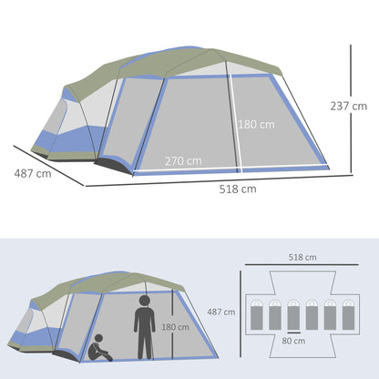 Outsunny Camping Zelt 6-8 Personen Zelt Familienzelt mit Vorraum 2 Fenster Kuppelzelt Kunstleder3000mm für Trekking Festival Glasfaser Blau 518 x 487 x 237 cm