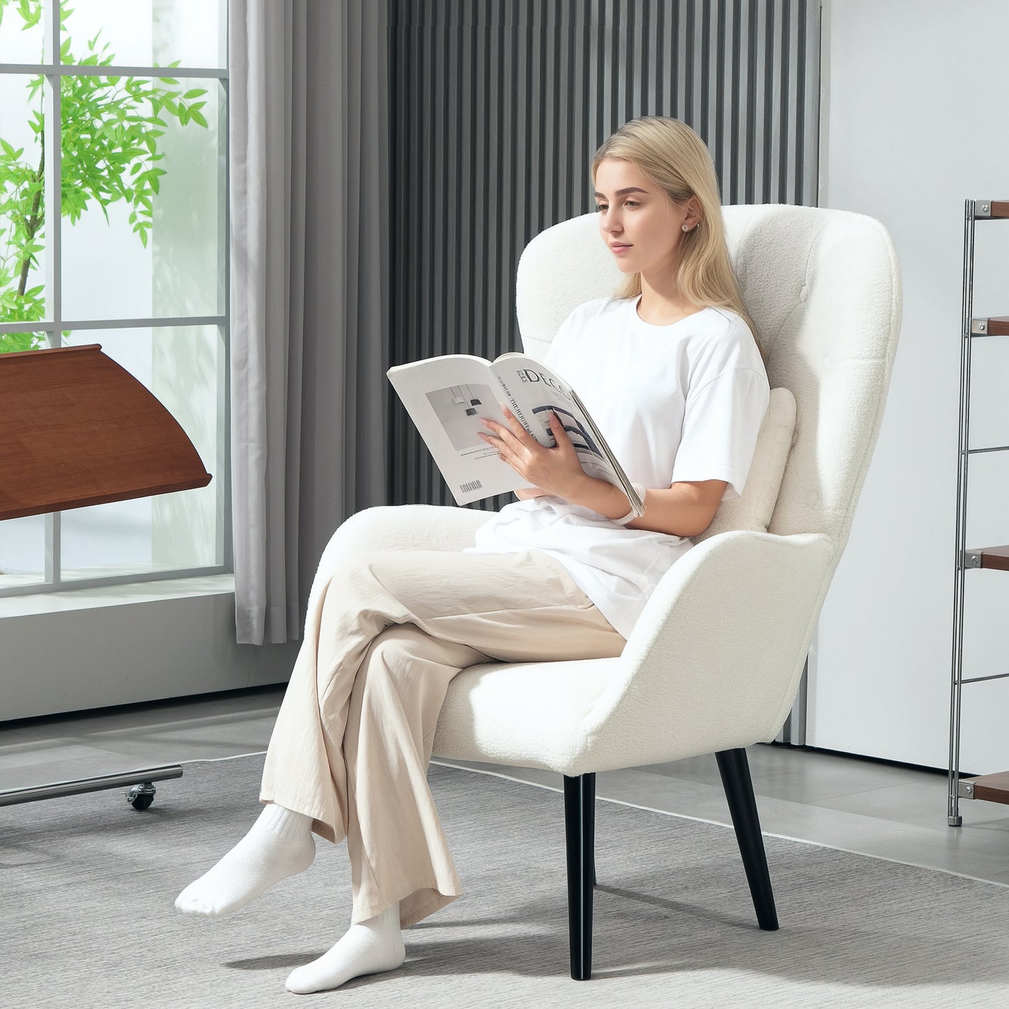 HOMCOM Polstersessel mit Rautensteppung, Bezug aus Teddystoff, mit Dekokissen, 88 x 75 x 106 cm, Weiß