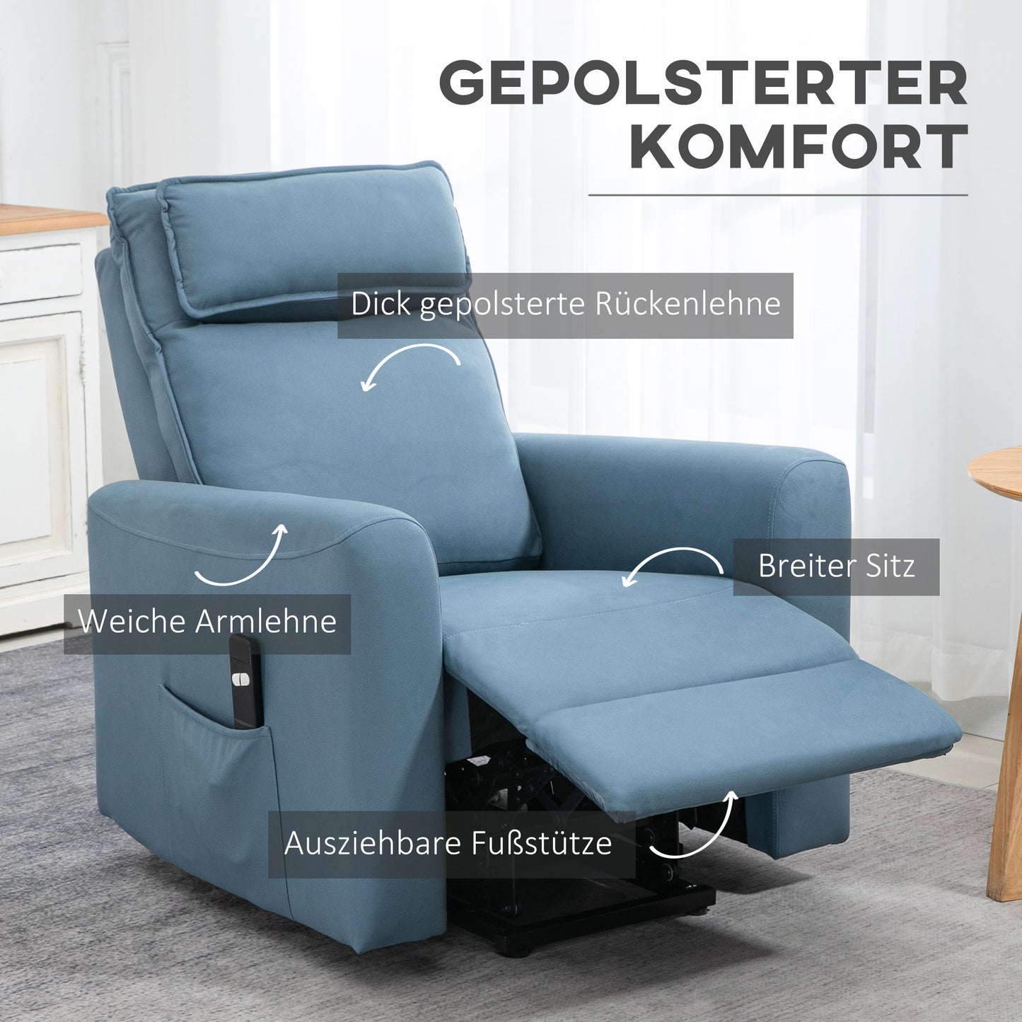 HOMCOM Aufstehhilfe Relaxsessel Fernsehsessel, integrierte Fußstütze, Seitentasche, Kabelfernbedienung, 84 x 89,5 x 105 cm,Blau