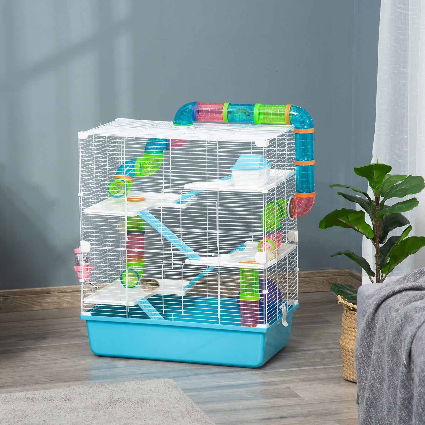 PawHut Kleintierkäfig Kleintierstall mit Rampe und Laufrad 5-Ebenen Käfig Nagerkäfig kleine Haustiere Futternapf Trinkflasche Stahldraht Kunststoff PS Hellblau+Weiß 59 x 36 x 69 cm