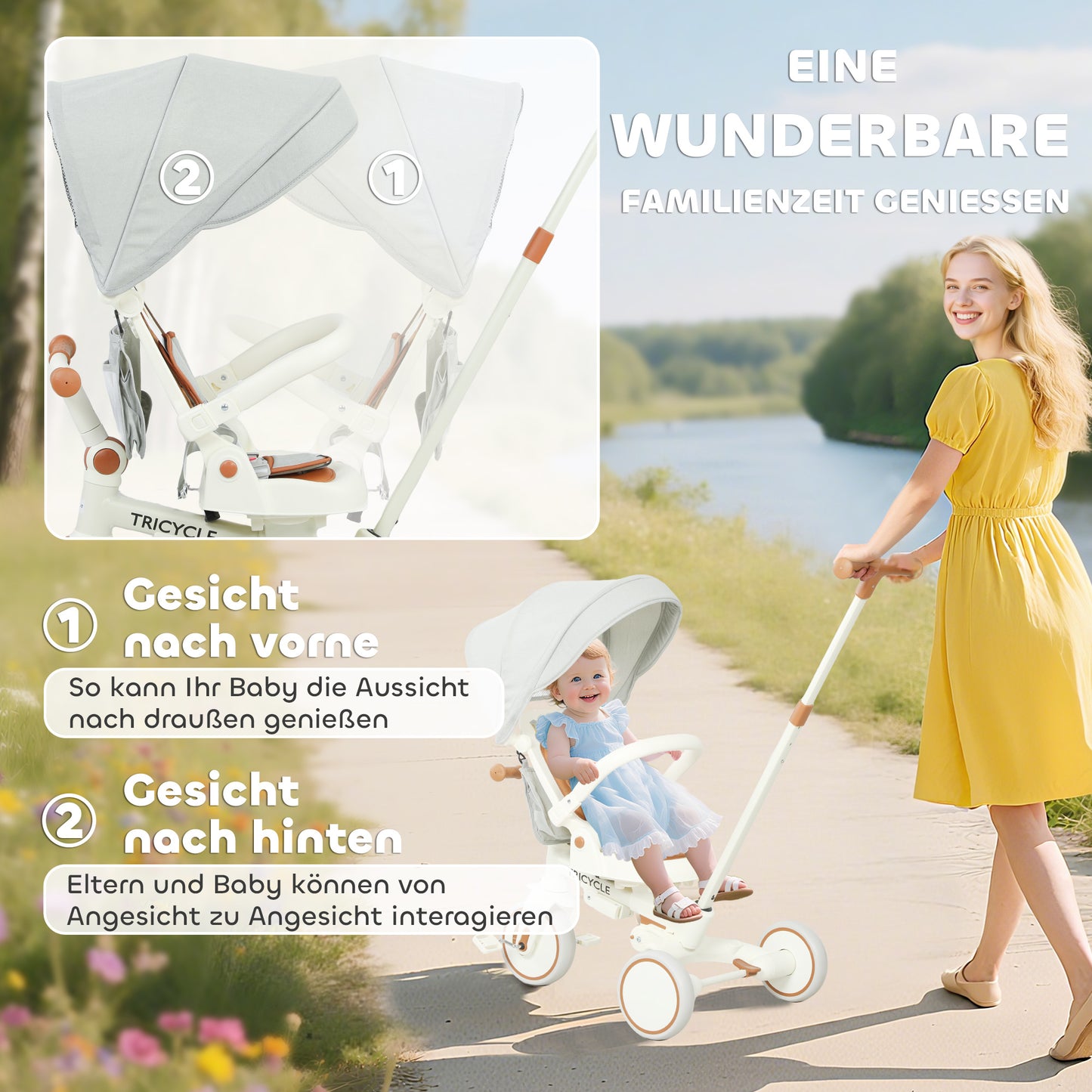 AIYAPLAY Kinder-Dreirad, wandelbarer Baby-Buggy, 5-in-1 Design, abnehmbarer Schiebegriff, verstellbar, Sicherheitsgurt, Aufbewahrungstasche, 1-3 Jahre, Cremeweiß