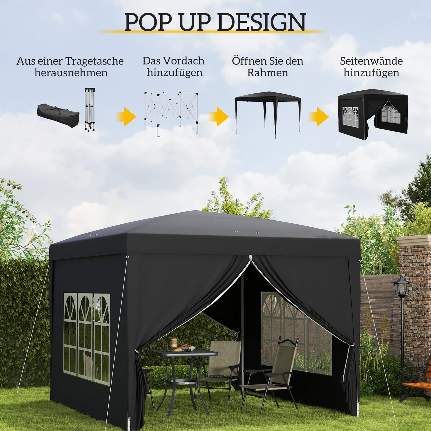 Outsunny 3 x 3 m Pavillon mit 4 Seitenwänden, Fenster, Festzelt mit UV-Schutz, Gartenzelt inkl. Tragetasche, Stahl, Schwarz