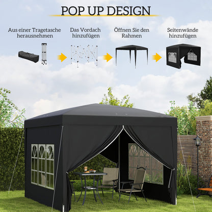 Outsunny 3 x 3 m Pavillon mit 4 Seitenwänden, Fenster, Festzelt mit UV-Schutz, Gartenzelt inkl. Tragetasche, Stahl, Schwarz
