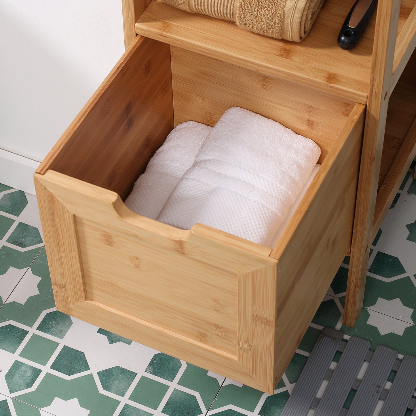 kleankin Badezimmerschrank aus Bambus, 1 Regal, 2 Schubladen, 30 cm x 30 cm x 90 cm; Natur