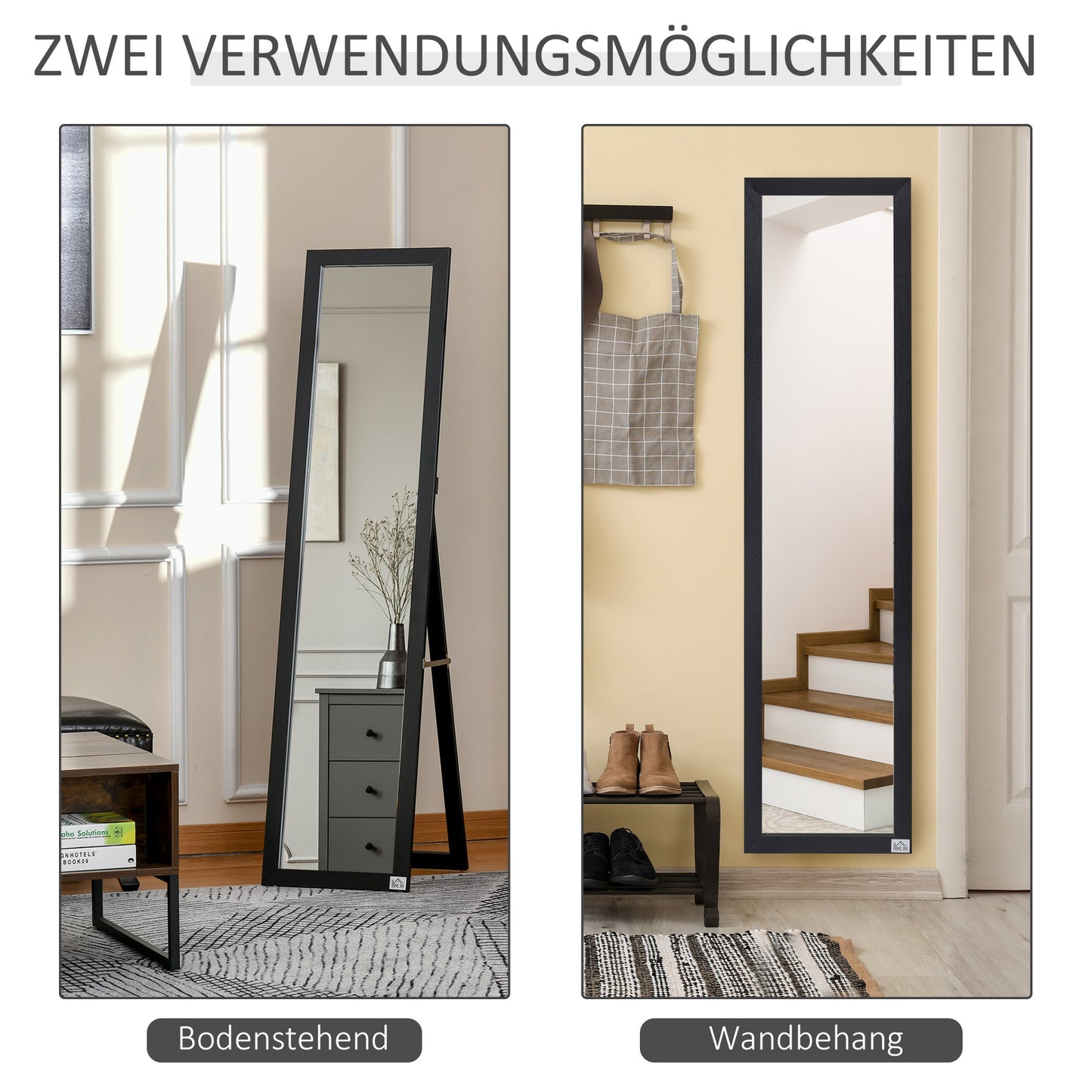 HOMCOM Ganzkörperspiegel, freistehend, Wandmontage, MDF-Rahmen, 37 x 37 x 154 cm, Schwarz