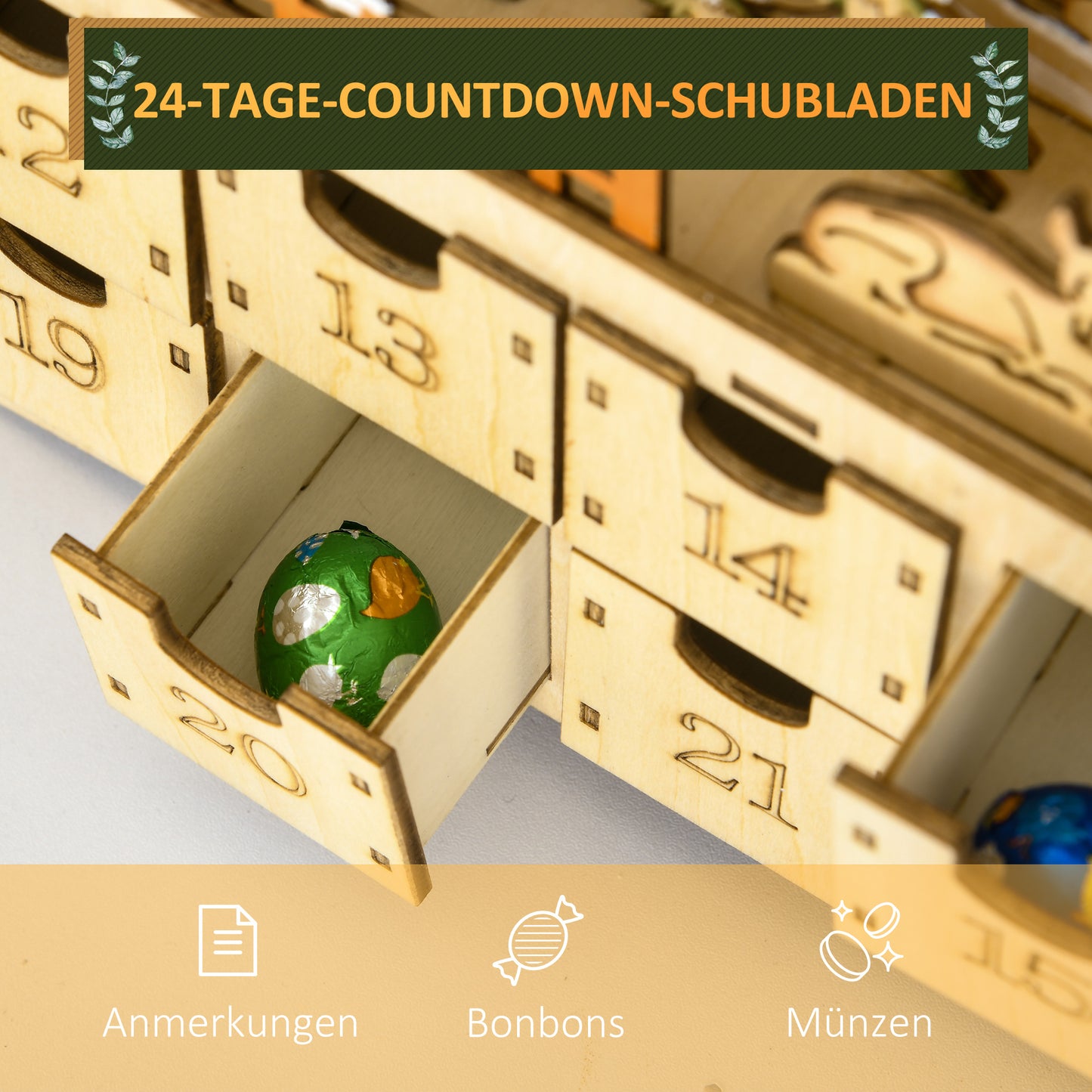 HOMCOM Adventskalender zum Befüllen 24 Schubladen Fächer Weihnachtskalender mit LED-Lichtern Naturholz 36 x 9 x 52 cm