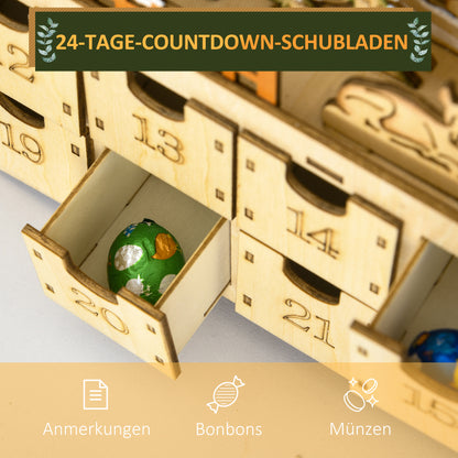 HOMCOM Adventskalender zum Befüllen 24 Schubladen Fächer Weihnachtskalender mit LED-Lichtern Naturholz 36 x 9 x 52 cm