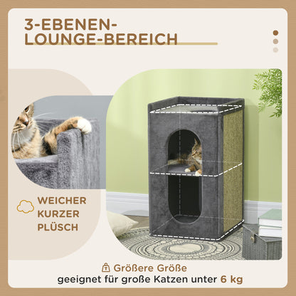 PawHut Kratztonne mit 2 Katzenhöhlen, 1 Liegefläche, Sisal-Kratzmatte, Plüsch, Grau + Natur