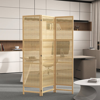 HOMCOM 3-teiliger Raumteiler, 180 cm faltbarer Wandschirm, Freistehender Raumtrenner mit handgewebtem Design für Zuhause, Natur