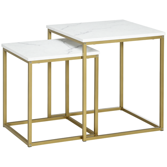 HOMCOM 2er-Set Beistelltische, stapelbare Beistelltische, Tischplatte in Marmoroptik, Gold + Weiß