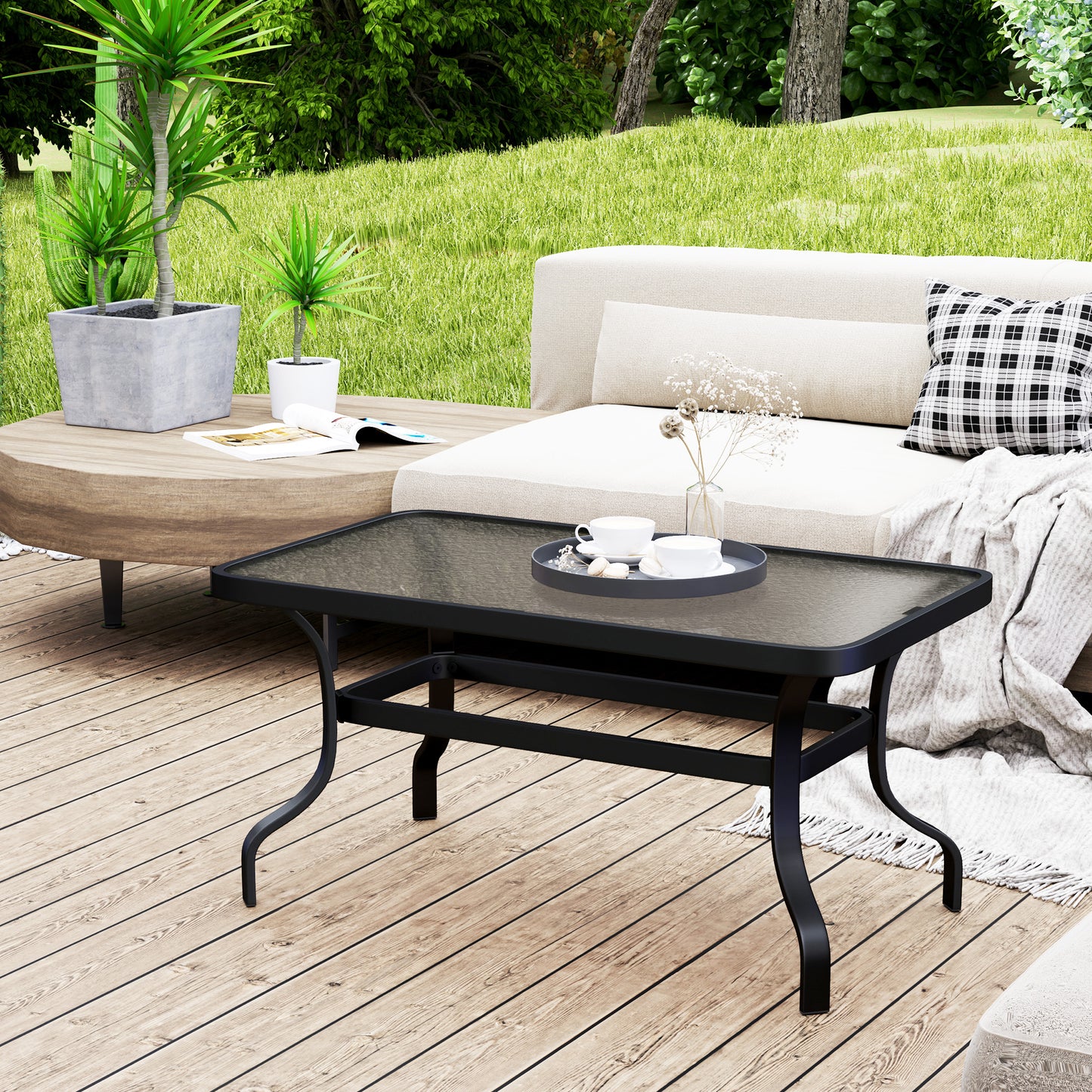 Outsunny Beistelltisch Hartglas Kaffeetisch Couchtisch mit Wellendesign, Abgerundete Ecke Balkontisch 95x55 cm Schwarz