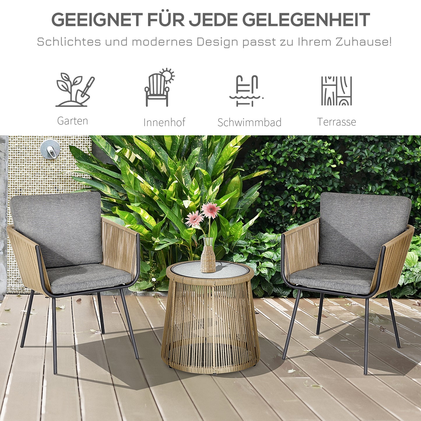 Outsunny 3-teilige Sitzgruppe, 2 Stühle, Beistelltisch, Sitz- & Rückenkissen, Hartglas-Tischplatte, Kunstrattan, Grau