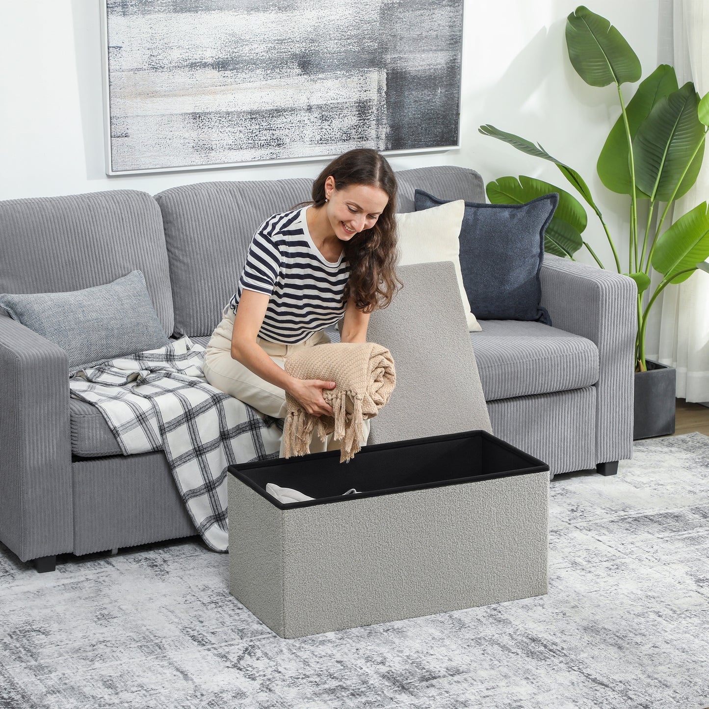 HOMCOM Aufbewahrungshocker, Polsterbank mit Stauraum und Deckel für Wohnzimmer, Schlafzimmer, Flur, Hellgrau