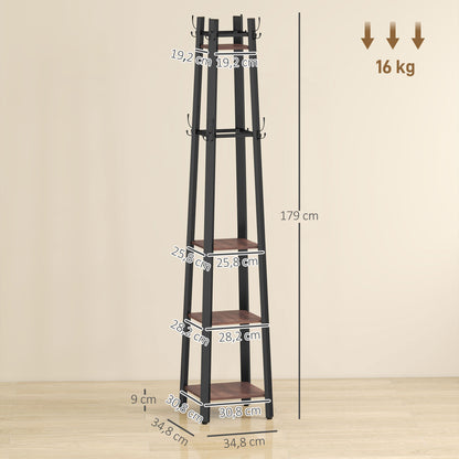 HOMCOM Garderobenständer mit 4 Ebenen, freistehender Kleiderständer, 8 Haken, 4 Regale, Industrie-Stil, Metall, Spanplatte, Braun